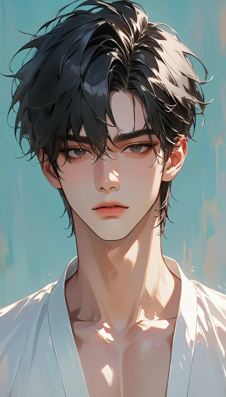 impasto, short hair, masterpiece, best quality, 1 man , black hair , perfect face , black eye , handsome male , Alone, adult male , upper body , delicate line drawingimpasto, masterpiece, high resolution, Top quality, unique , 1 male , nice , tanned skin , dark haired