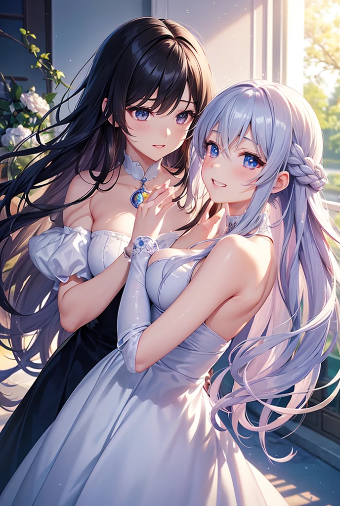 A beautiful 20 years old girl walking in a field of flowers, anime girl, wedding dress, sleeveless, skirt parted in front, white thigh highs, blue sky, rain of flowers, big round breasts, dark brown hair, long hair, wavy hair, long bangs, expressive hair, shiny hair, hairclip, aqua eyes, glowing eyes, pupils sparkling, blush, glossy lips, surprised, embarrassed, ruby earrings, detailed face, choker, windy day, lace gloves, wind lifted skirt, skirt lifting, pink lace white panties, good lighting, perfect body, whole body, anime CG style, high definition, natural light, high detail, anime, dithering, image fill, perspective, Wide-Angle, f/1.8, 85mm, Sony FE GM, 8k, 8k wallpaper, super detail, highly detailed CG, UHD, retina, masterpiece, accurate, anatomically correct, textured skin, highres, best quality:1.3, 16k