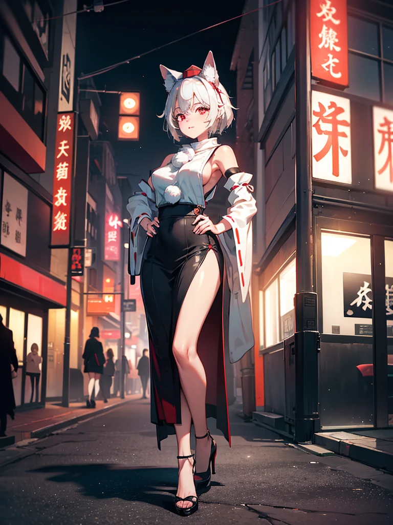 (​masterpiece、top-quality、hight resolution、Unity 8k、extremely details CG:1,Best Picture), Inubashiri Momiji, 1girl, hat, red eyes, Upper body,"A sophisticated and confident woman standing on the edge of a bustling city street at night, bathed in the neon glow of nearby signs. Her attire is elegant yet alluring—a perfectly tailored black dress with a high slit that reveals her legs, and high heels that click softly on the pavement. She leans slightly against a streetlight, one hand on her hip, as her other hand gently lifts a cigarette to her lips. Her eyes glimmer with a knowing smile, effortlessly blending class and seduction. The blurred lights of cars and buildings frame her figure, creating a cinematic atmosphere that feels both glamorous and melancholic."