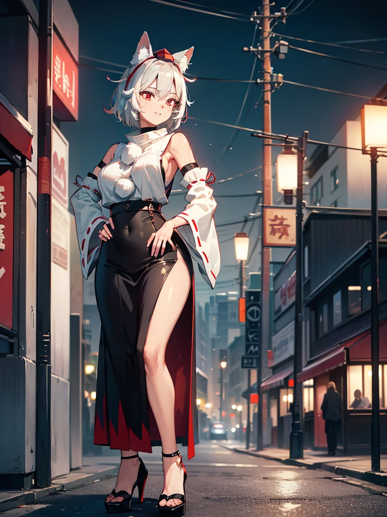 (​masterpiece、top-quality、hight resolution、Unity 8k、extremely details CG:1,Best Picture), Inubashiri Momiji, 1girl, hat, red eyes, Upper body,"A sophisticated and confident woman standing on the edge of a bustling city street at night, bathed in the neon glow of nearby signs. Her attire is elegant yet alluring—a perfectly tailored black dress with a high slit that reveals her legs, and high heels that click softly on the pavement. She leans slightly against a streetlight, one hand on her hip, as her other hand gently lifts a cigarette to her lips. Her eyes glimmer with a knowing smile, effortlessly blending class and seduction. The blurred lights of cars and buildings frame her figure, creating a cinematic atmosphere that feels both glamorous and melancholic."