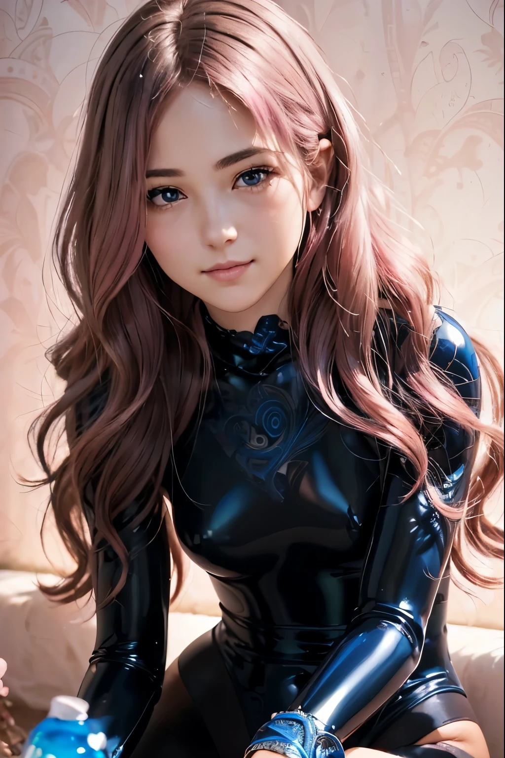 (8K, top-quality, masterpiece:1.2), (realistic, photorealistic:1.37), (super detailed), (one girl), (highly detailed), (beautifully detailed eyes), (of the highest quality), (masterpiece), (detailed face), (20yr old), (pink hair, long hair), (medium breasts), (clothed), (perfect lighting), BREAK, (upper body to knees:1.3), (wavy pink long hair:1.4), (smile:1.2), (bright oasis background:1.2),(even lighting:1.5), BREAK, (black and blue glossy bodysuit:1.5), (pink Paisley patterns:1.4), (high-neck:1.3), (slim fit silhouette:1.5), (ankle boots:1.4), (platinum choker and ring set:1.2),