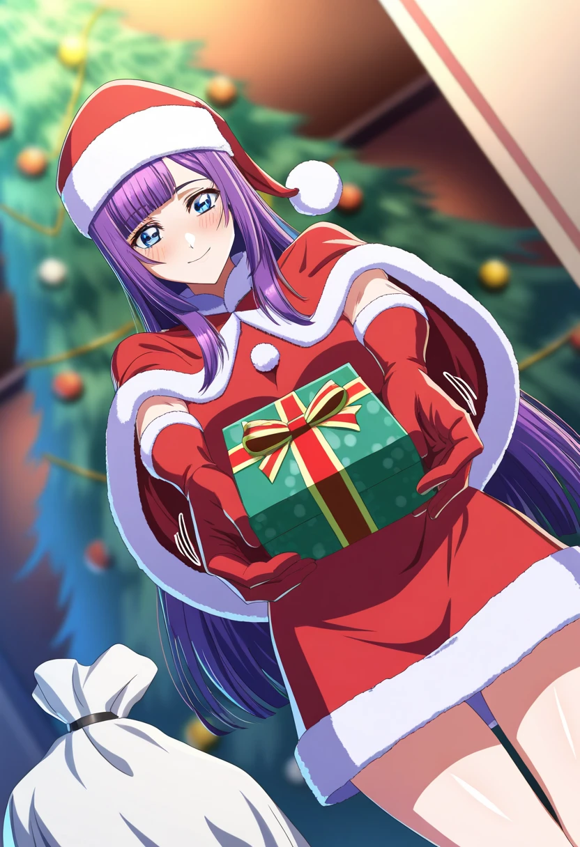 masterpiece, best quality, newest, highres, uncensored, 1girl, yokota mamoru style,motion lines,1girl,
Mikado Shizuru OVA2,1girl, purple hair, long hair, Long hair, Side hair, Spiky Bangs, Violet hair, Waist Length hair,Blue eyes, Hosome eyes,large breasts,slim
 , santa costume, santa hat, christmas, sack, merry christmas, gift, fur-trimmed headwear, holding sack, santa dress, fur-trimmed dress, christmas tree, christmas tree, fur trim, red capelet, gift box, red gloves, fur-trimmed capelet, santa gloves, red hat, hat,, smile, blush, looking at viewer, , incoming gift, outstretched arms, holding, holding gift, gift, gift box,, , dutch angle, cowboy shot