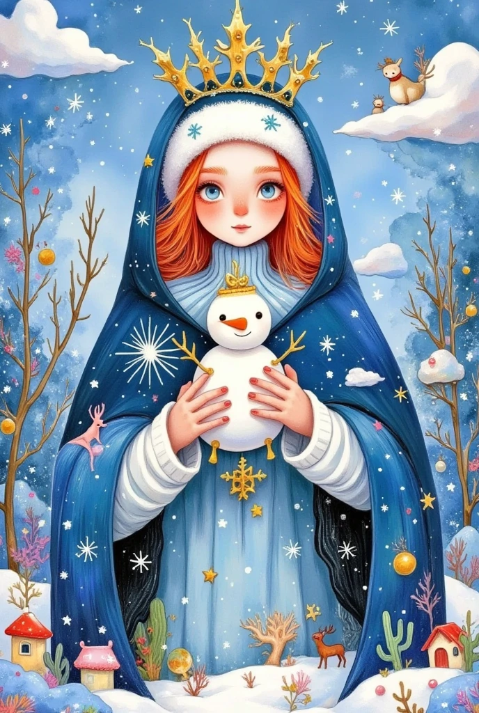 a painting of a woman in a blue cloak holding a snowman, a storybook illustration by Marie Angel, tumblr, pop surrealism, goddess of winter, white witch, queen of winter, allegory of winter, winter princess, the ice queen, illustration!, 3 winter deities, winterthorn blessing, illutstration, illustrative art, illustration art, full color illustration