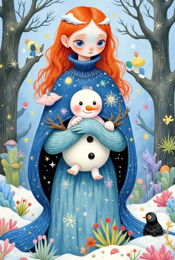  Christmas。a painting of a woman in a blue cloak holding a snowman, a storybook illustration by Marie Angel, tumblr, Pop surrealism, goddess of winter, white witch, queen of winter, allegory of winter, winter princess, the ice queen, illustration!, 3 winter deities, winterthorn blessing, illutstration, illustrative art, illustration art, full color illustration