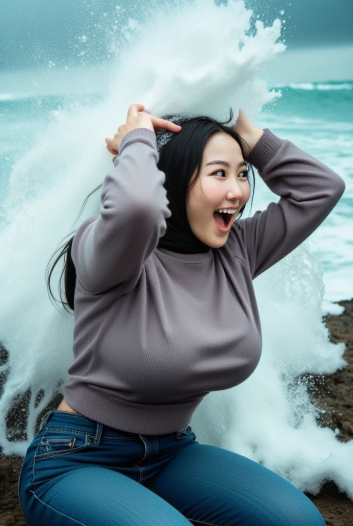  close-up picture .  taiwan woman in simple hijab. Long jeans.  in front of the camera . Elegant elegant aesthetic style . nice detail .  And nice .  On The Rock. .  Mixed expression of delight and excessive laughter  .  Both arms in straight up lift. Both arms straight up  . armpit visible. hands on head. white waves hit her body from behind. Background on rocky beach .  blue sea waves flying in the air.  and her expression a mixture of shock and humor . during the day in a realistic style ,  but the scene has a funny comic effect and exaggeration adds to the humor of the situation. CCTV footage .  Low light