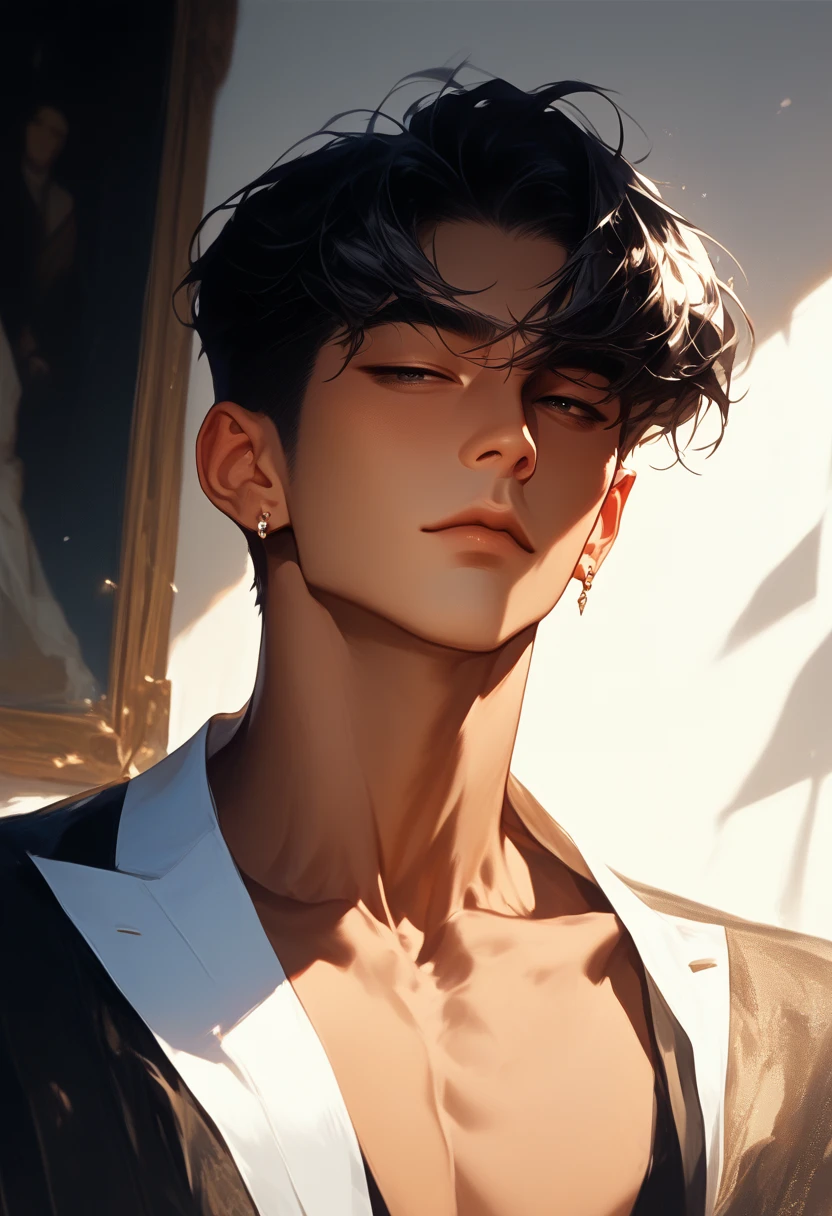 (score_9, score_8_up), impasto, short hair, masterpiece, best quality, 1 man , black hair , perfect face , black eye , handsome male , Alone, adult male , upper body , delicate line drawingimpasto, masterpiece, high resolution, Top quality, unique , 1 male , nice , tanned skin , dark haired