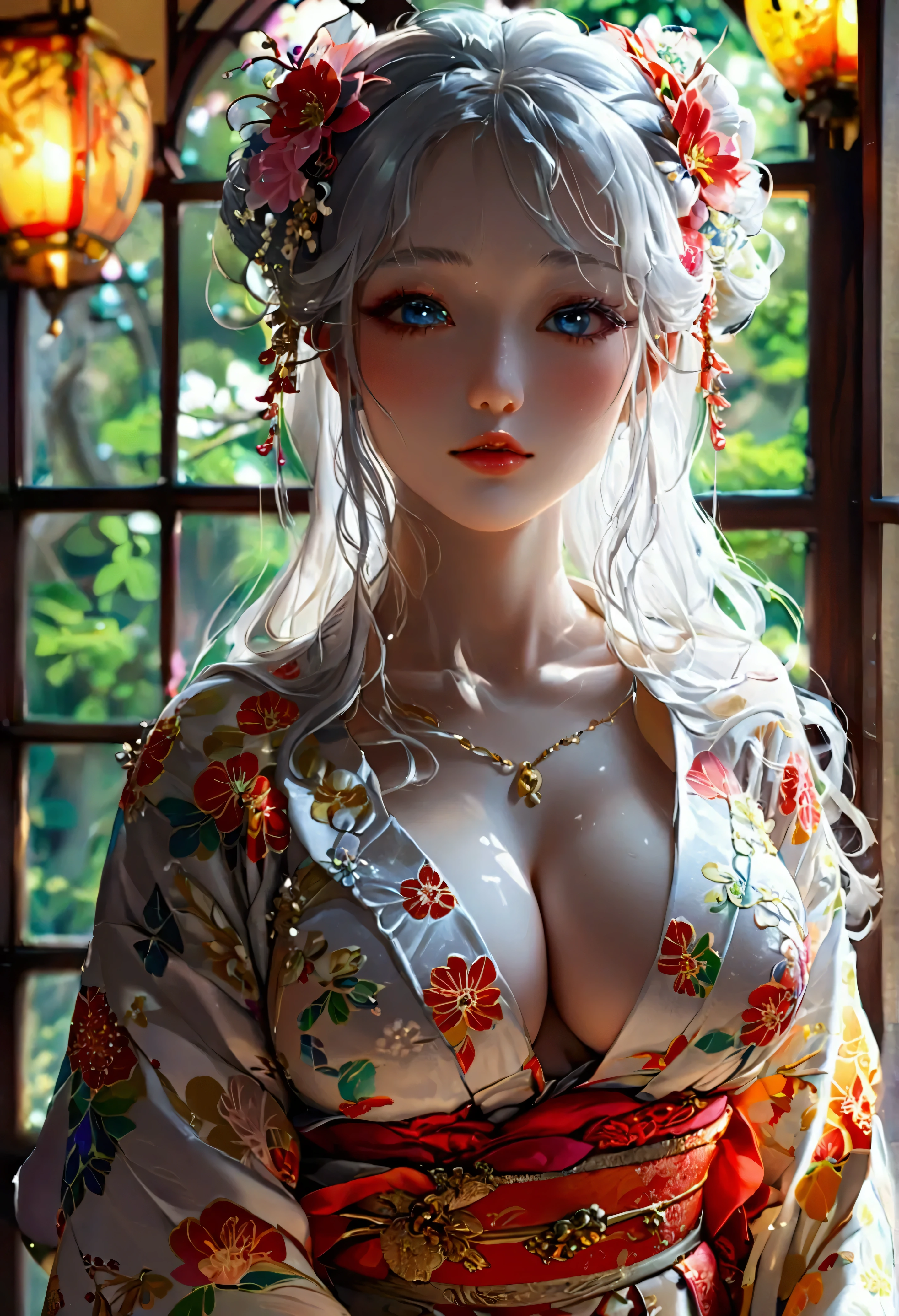 Highest quality, Super quality, 16K, Incredibly absurd, Very detailed, 2.5D, delicate and dynamic, palace, Stained glass, chandelier, Complex Light, , , , Small face, Extremely delicate facial expression, Delicate eye depiction, Extremely detailed hair, (full body photo:1.3), erotic, sole sexy Japanese lady, healthy slim body, 22 years old lady, ,  ((large breasts:1.2), (huge breasts:1.2), (Uplifted and well-defined bust:1.2), (lifted chest:1.2), (perky breasts :1.2),(deep cleavage:1.4),, white silver long hair, sexy long legs, Glowing Skin, Soft Skin, wearing a Japanese traditional Yukata, A complex costume, Costumes in complex colors, Are standing, 