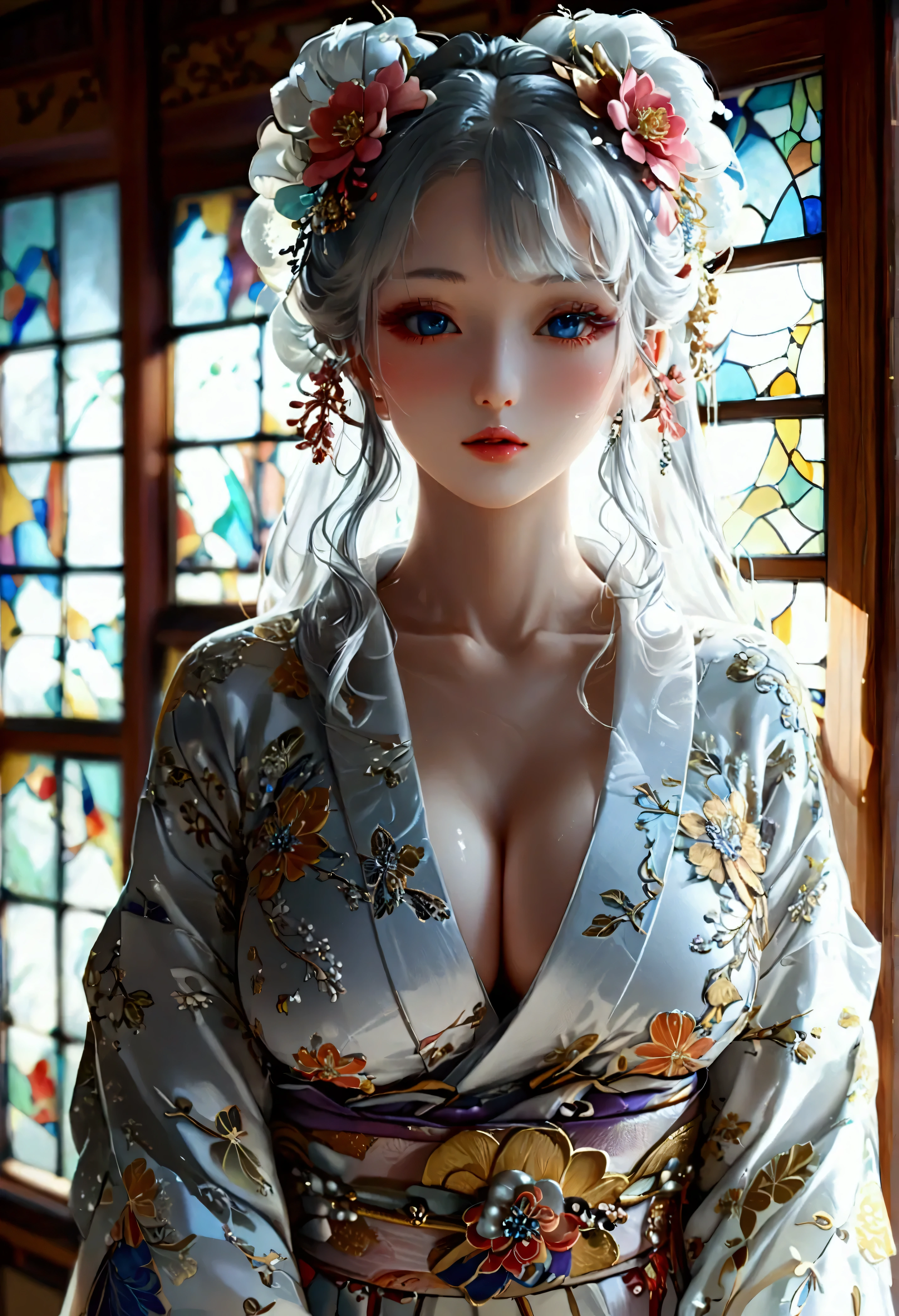 Highest quality, Super quality, 16K, Incredibly absurd, Very detailed, 2.5D, delicate and dynamic, palace, Stained glass, chandelier, Complex Light, , , , Small face, Extremely delicate facial expression, Delicate eye depiction, Extremely detailed hair, (full body photo:1.3), erotic, sole sexy Japanese lady, healthy slim body, 22 years old lady, ,  ((large breasts:1.2), (huge breasts:1.2), (Uplifted and well-defined bust:1.2), (lifted chest:1.2), (perky breasts :1.2),(deep cleavage:1.4),, white silver long hair, sexy long legs, Glowing Skin, Soft Skin, wearing a Japanese traditional Yukata, A complex costume, Costumes in complex colors, Are standing, 