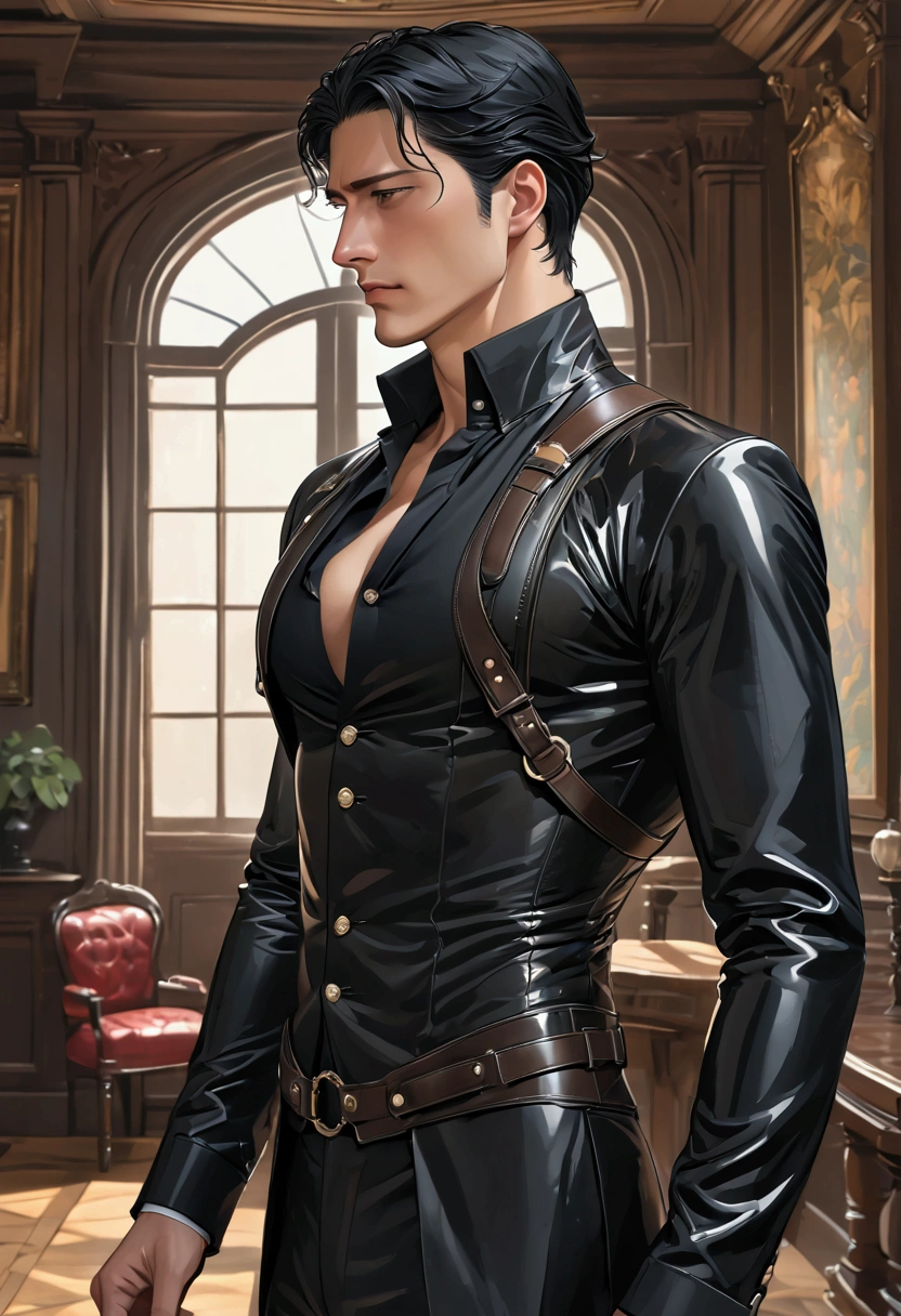 best quality, masterpiece, extremely detailed, a tall man, black hair, wearing his royal suit, expose torso, unbutton shirt, in a mansion, with leather harness on his chest, under his expose suit