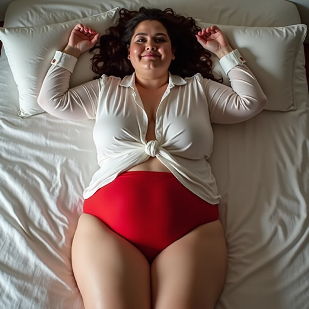 Mature milf woman with big hips in red pajamas in bed