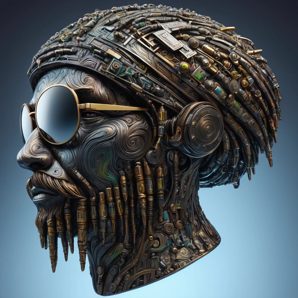   A three-dimensional suspended Rastafarian head {x} A retro futuristic sculpture made of thousands of pieces of acid-corroded Damascus steel,  a three-dimensional suspended Rastafarian head , View from the side, Look Back, look up, Full head lock , (pilot,  mirror sunglasses :1.2),  hair lock beard ,  Damascus pattern ,  cold steel ,  backlit , Highly reflective,  dark gradient background , Volumetric Fog