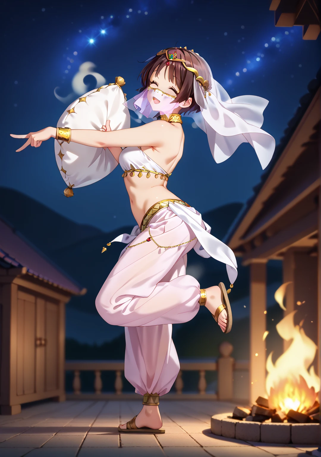 kumin tsuyuri, slender, short hair, brown hair, red eyes, holding big pillow, from side, belly dancing, (white veil, mouth veil,) circlet, neck ring, thighlet, gold trim,(naked harem pants, pastel collar harem pants, legs only cloth,) arched back, face up, twisted torso, pointing up,outstretched arms, spread fingers, looking back at viewer, leg up, tiptoes, head steam, sandal, (closed eyes, happy, light smile, open mouth,) , cowboy shot, darknight, lit by bonfire, desolate rocky mountain, starry sky