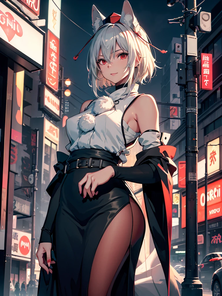 (​masterpiece、top-quality、hight resolution、Unity 8k、extremely details CG:1,Best Picture), Inubashiri Momiji, 1girl, hat, red eyes, Upper body, 'A sophisticated and confident woman standing on a busy night street corner, lit by the neon lights of a nearby billboard. Her attire is both elegant and alluring. Leaning slightly against a lamppost, one hand on her hip, the other gently bringing a cigarette to her lips. Her eyes sparkle with a knowing smile, effortlessly blending elegance and seduction. The dim lights of cars and buildings frame her figure, creating a cinematic atmosphere that is at once glamorous and melancholic.’