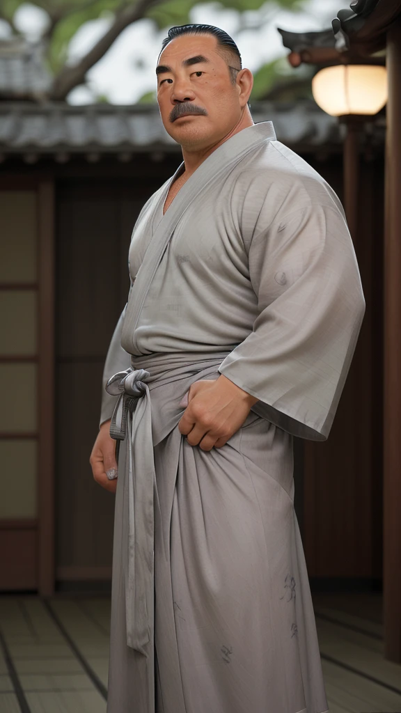 a extremely handsome and masculine, extremely huge & stocky muscular middle-age asian (japanese) man, wide forehead, square jaw, alpha male, thick eye brow, grey hair in chonmage style, thick grey moustache, exposed hairy pectoral, expensive and transparent silky Yukata. Blurry tabebuya flowers bloom in the background, bokeh, chiaroscuro, award-winning, hyper-detailed, ultra-sharp, hyper-realistic, ultra-wide lense, face front, looking at the camera.