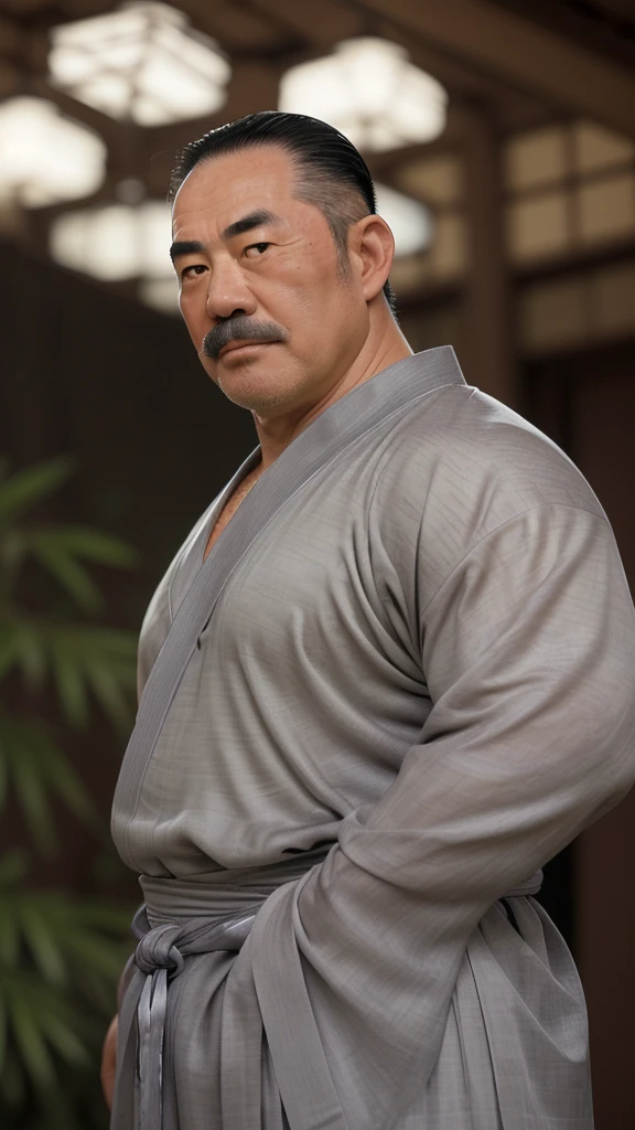 a extremely handsome and masculine, extremely huge & stocky muscular middle-age asian (japanese) man, wide forehead, square jaw, alpha male, thick eye brow, grey hair in chonmage style, thick grey moustache, exposed hairy pectoral, expensive and transparent silky Yukata. Blurry tabebuya flowers bloom in the background, bokeh, chiaroscuro, award-winning, hyper-detailed, ultra-sharp, hyper-realistic, ultra-wide lense, face front, looking at the camera.