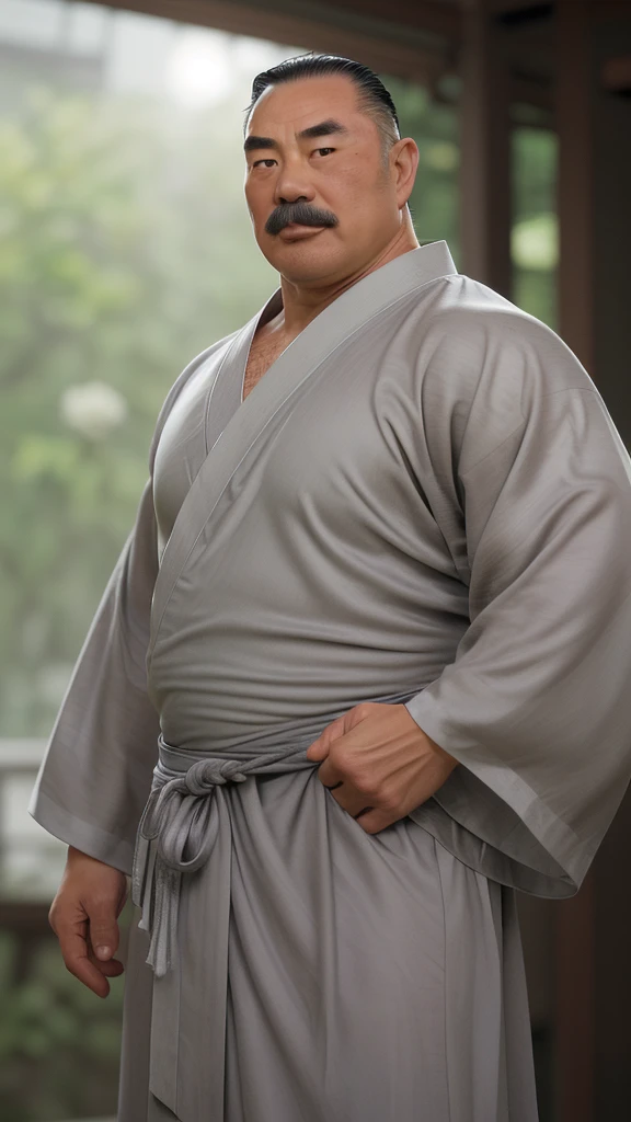 a extremely handsome and masculine, extremely huge & stocky muscular middle-age asian (japanese) man, wide forehead, square jaw, alpha male, thick eye brow, grey hair in chonmage style, thick grey moustache, exposed hairy pectoral, expensive and transparent silky Yukata. Blurry tabebuya flowers bloom in the background, bokeh, chiaroscuro, award-winning, hyper-detailed, ultra-sharp, hyper-realistic, ultra-wide lense, face front, looking at the camera.