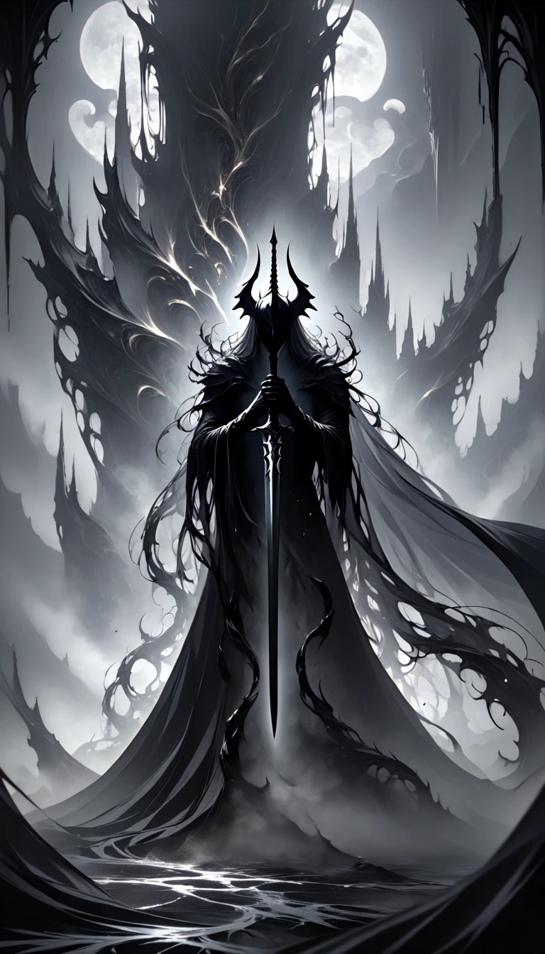 
"A towering, armored knight shrouded in absolute darkness. Bellion’s sleek black armor is imposing, adorned with sharp, jagged edges and intricate, shadowy patterns etched into its surface. His helmet, entirely black, features sharp, upward-pointing horns, and a faint dark glow emanates from the visor, obscuring his face in mystery. A massive, pitch-black sword, almost as tall as he is, rests in his hands, with shadowy tendrils seeping from the blade as if it were alive. His flowing black cape, torn and ragged, blends seamlessly with the surrounding void. The background is an endless abyss of swirling shadows and faint, dark mist, emphasizing his overwhelming presence as a figure of pure darkness and unrelenting power."