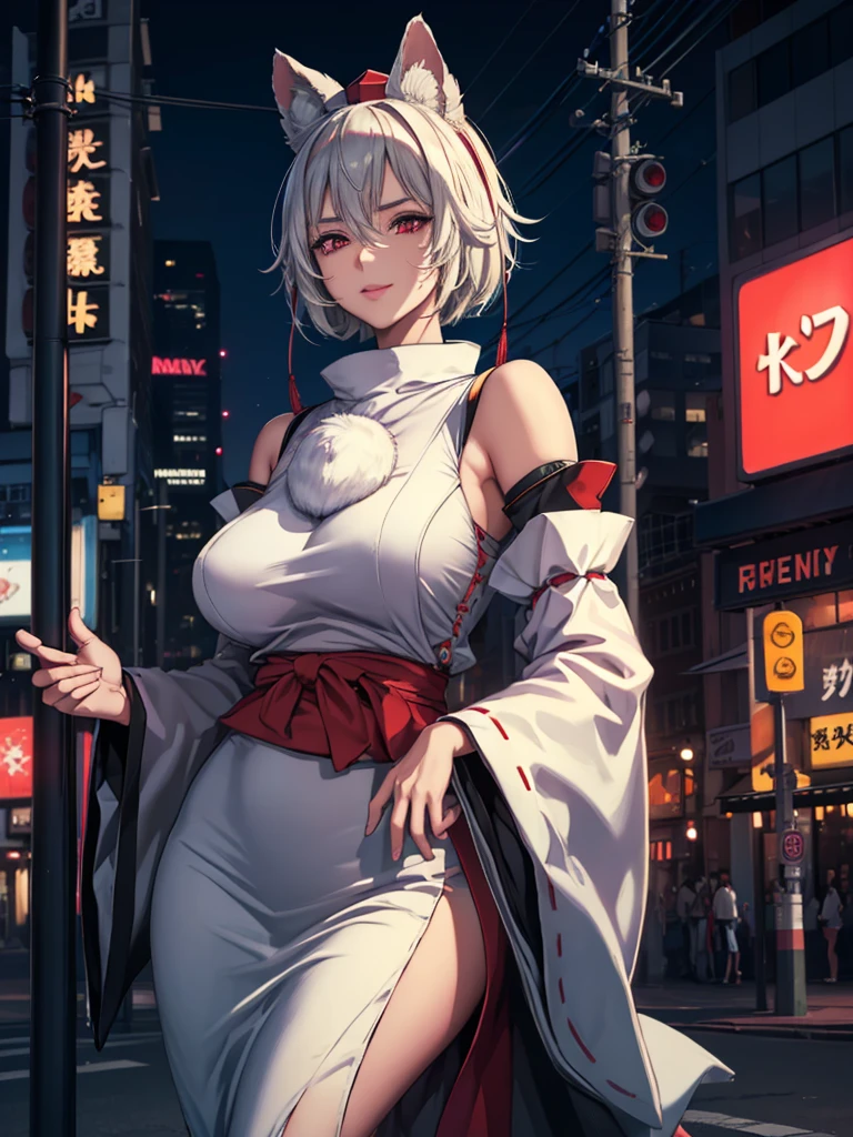 (​masterpiece、top-quality、hight resolution、Unity 8k、extremely details CG:1,Best Picture), Inubashiri Momiji, 1girl, hat, red eyes, Upper body, 'A sophisticated and confident woman standing on a busy night street corner, lit by the neon lights of a nearby billboard. Her attire is both elegant and alluring. Leaning slightly against a lamppost, one hand on her hip, the other gently bringing a cigarette to her lips. Her eyes sparkle with a knowing smile, effortlessly blending elegance and seduction. The dim lights of cars and buildings frame her figure, creating a cinematic atmosphere that is at once glamorous and melancholic.’