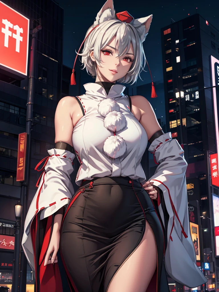 (​masterpiece、top-quality、hight resolution、Unity 8k、extremely details CG:1,Best Picture), Inubashiri Momiji, 1girl, hat, red eyes, Upper body, 'A sophisticated and confident woman standing on a busy night street corner, lit by the neon lights of a nearby billboard. Her attire is both elegant and alluring. Leaning slightly against a lamppost, one hand on her hip, the other gently bringing a cigarette to her lips. Her eyes sparkle with a knowing smile, effortlessly blending elegance and seduction. The dim lights of cars and buildings frame her figure, creating a cinematic atmosphere that is at once glamorous and melancholic.’