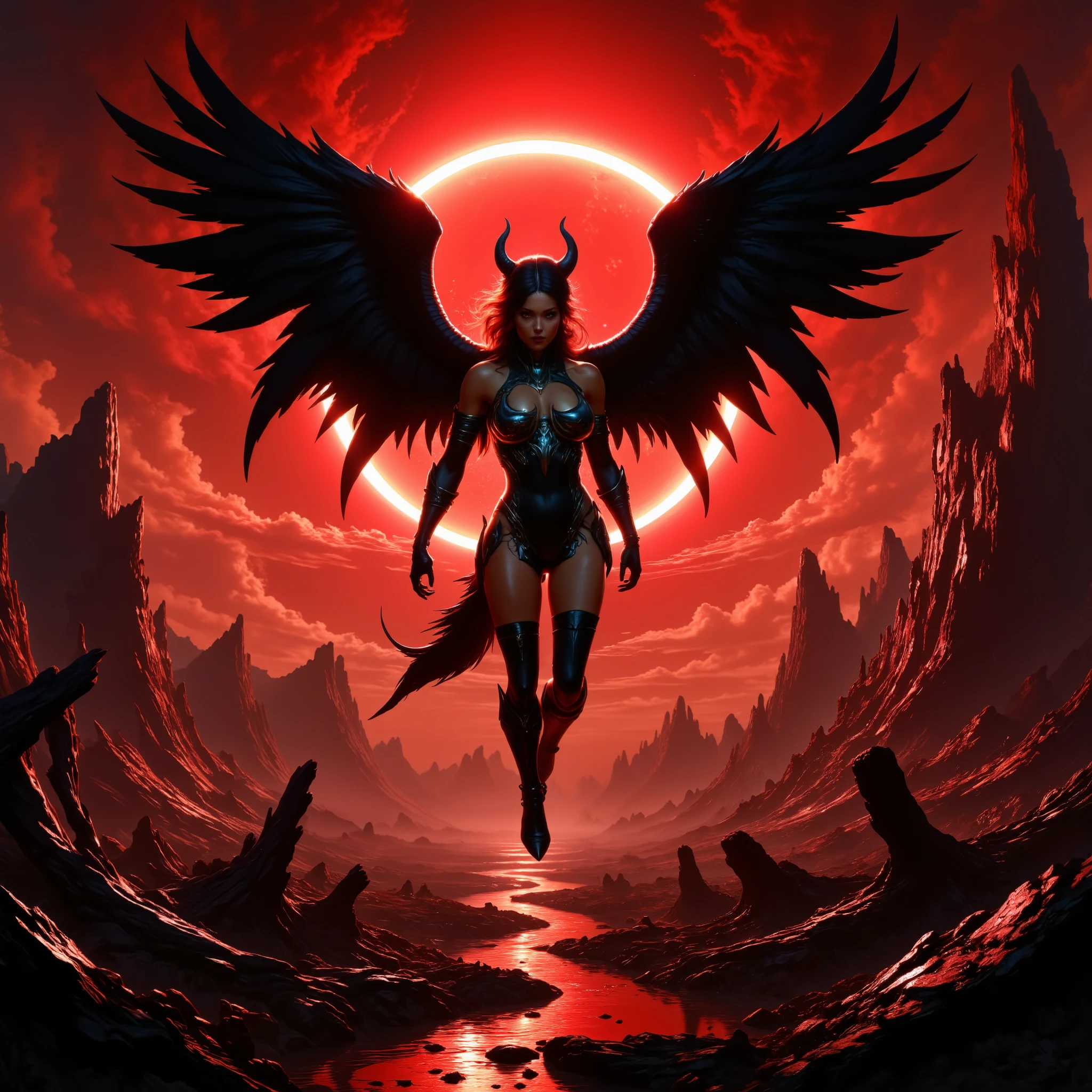 Under a red solar eclipse ,  a demonic-looking female angel seen up close but with a full body, Fly with majestic black wings and dark horns ,  dressed in dark clothes .  The eclipse ,  of realistic size but clearly visible above the demon ,  bathes the scene in sinister light .  The landscape below reflects this darkness ,  with a desolate forest tinged with red and black ,  twisted trees and deep shadows that spread over the ground . at a distance,  imposing mountains rise against the sky ,  while rivers of lava bubble menacingly .  The environment conveys a sense of imminent danger and accentuated ill omen ,  Because of the sinister light of the eclipse that bathes everything in an aura Apocalyptic .