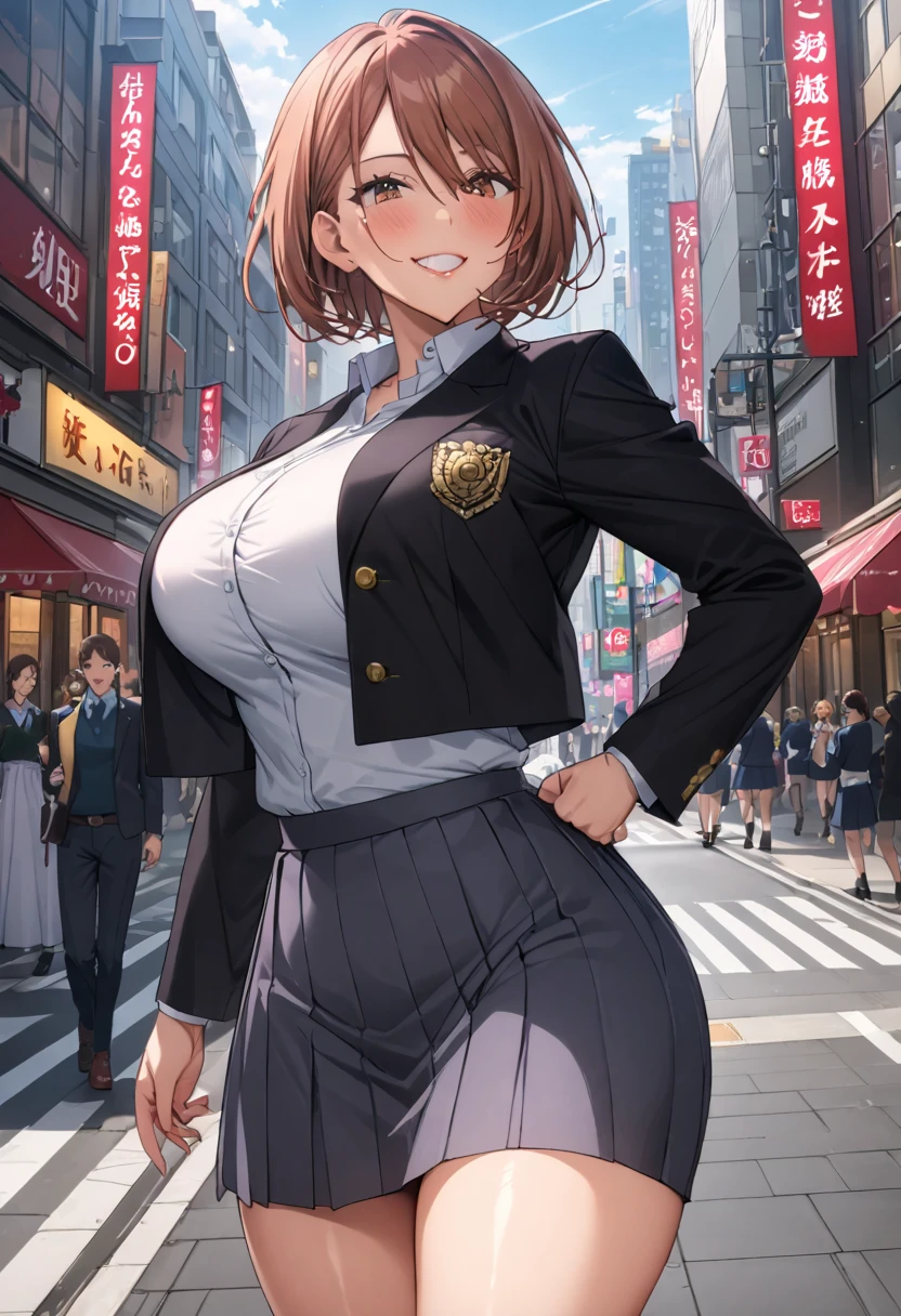     detailed face    ,     detailed body rendering   ,   Alone、  masterpiece ,     High Quality    , 8k,   is written by,    thigh thickness , shiny skin,SKINNING    ,{{{{{    game cg}}}}},, 最    High Quality    ,     High Quality   ,     very sophisticated ,grin,In the city,Big Breasts, thick thighs, shiny skin,引き締まった体、 Nagasaki Wild Rose、 Nagasaki Wild Rose、 bob cut、 brown eyes、Brown Hair、lips、 short hair、Big Breasts、,  skirt、uniform、 jacket、クロップド jacket、Diliu、ハイウエスト skirt、School uniform、