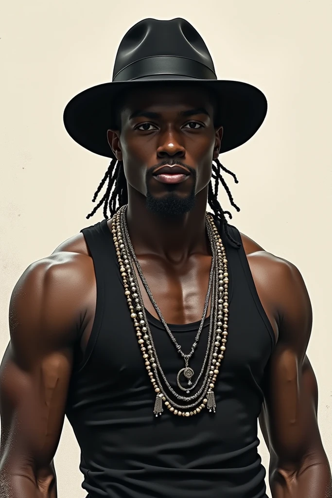 59 year old black African man with evil expression, full black hair, wearing a white long-brimmed Panama hat, NO SHIRT and WEARING loose white knit pants, in his hand holding a voodoo. gangster way