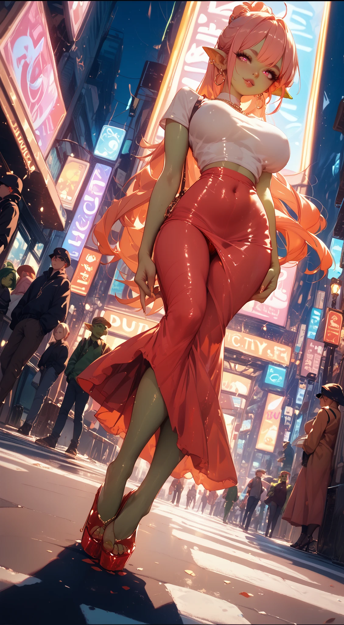 (((2heads))),maryms,Best Quality,(beauty),masterpiece, 1girl,phisically-based render ,ultra highres,narrow waist, skinny,big eyes,long legs,(small breasts),puffy eyes, night,(rainy city), shiny skin, facing viewer, fighting stance, (make a fist),firm expression,