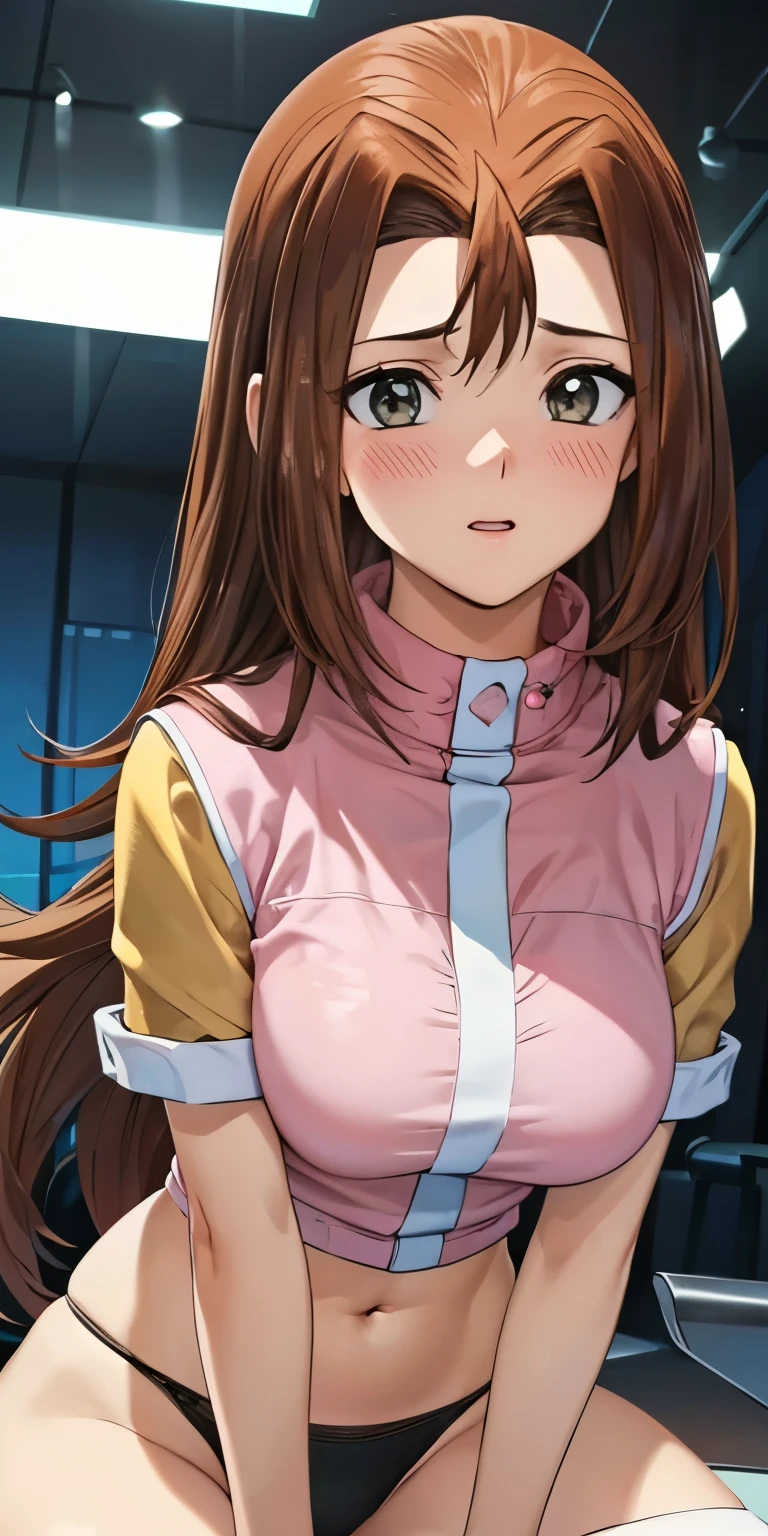 1 Female,High definition,high resolution,Ultra-realistic,8K, serenitydm,long hair,brown hair,pink shirt,blue shorts,grey eyes,blue sneakers,European,sexy,Upper body close-up,Photographed from the front,Dynamic Angles,blush, huge tits , nipples ,show tits ,(upper body), perfect face, perfect eyes