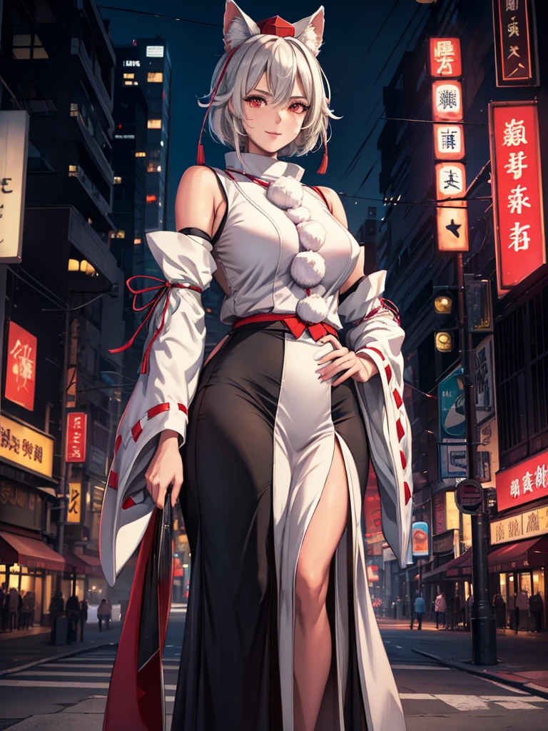 (​masterpiece、top-quality、hight resolution、Unity 8k、extremely details CG:1,Best Picture), Inubashiri Momiji, 1girl, hat, red eyes, Upper body, 'A sophisticated and confident woman standing on a busy night street corner, lit by the neon lights of a nearby billboard. Her attire is both elegant and alluring. Leaning slightly against a lamppost, one hand on her hip, the other gently bringing a cigarette to her lips. Her eyes sparkle with a knowing smile, effortlessly blending elegance and seduction. The dim lights of cars and buildings frame her figure, creating a cinematic atmosphere that is at once glamorous and melancholic.’