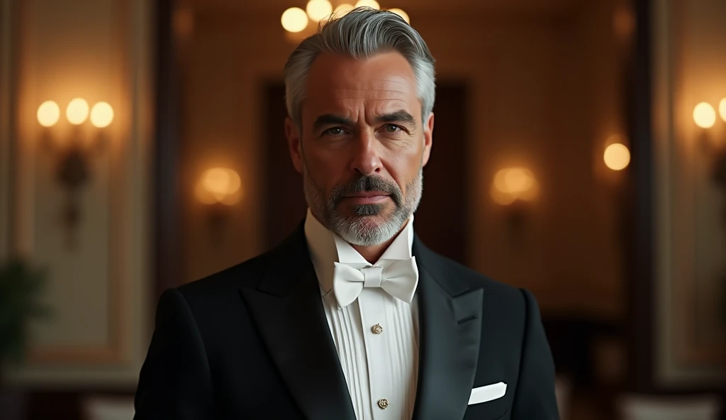 A photo of Logan hosting a private dinner party with influential business figures,original,Logan Roy, the fictional patriarch in “Succession,” possesses a commanding presence, characterized by his tall stature, sharp suits that speak to his power and wealth, and an often stern, unyielding facial expression. His aging appearance, marked by a full head of white hair and a penetrating gaze, adds to his intimidating demeanor., male