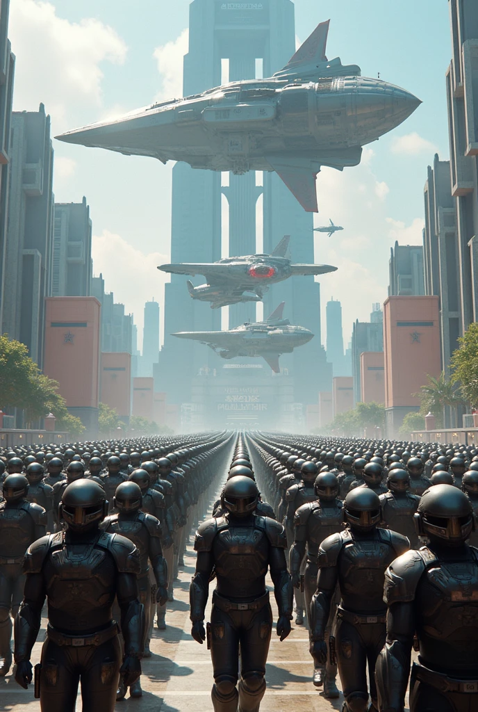 there are many people walking down the street with a giant robot in the background, still from the movie the arrival, rendering of beauty pageant, vfx shot, giant bugs, futuristic france, by Joaquín Clausell, soldiers, alien grey, russian opposition rally --auto --s2
