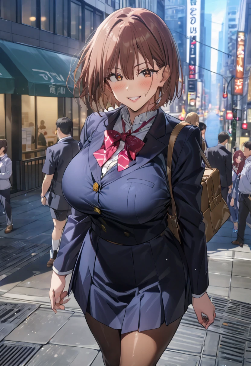     detailed face    ,     detailed body rendering   ,   Alone、  masterpiece ,     High Quality    , 8k,   is written by,    thigh thickness , shiny skin,SKINNING    ,{{{{{    game cg}}}}},, 最    High Quality    ,     High Quality   ,     very sophisticated ,grin,In the city,Big Breasts, thick thighs, shiny skin,引き締まった体、 Nagasaki Wild Rose、 Nagasaki Wild Rose、 bob cut、 brown eyes、Brown Hair、lips、 short hair、Big Breasts、,  school uniform、 jacket、School uniform、 skirt、 pantyhose、