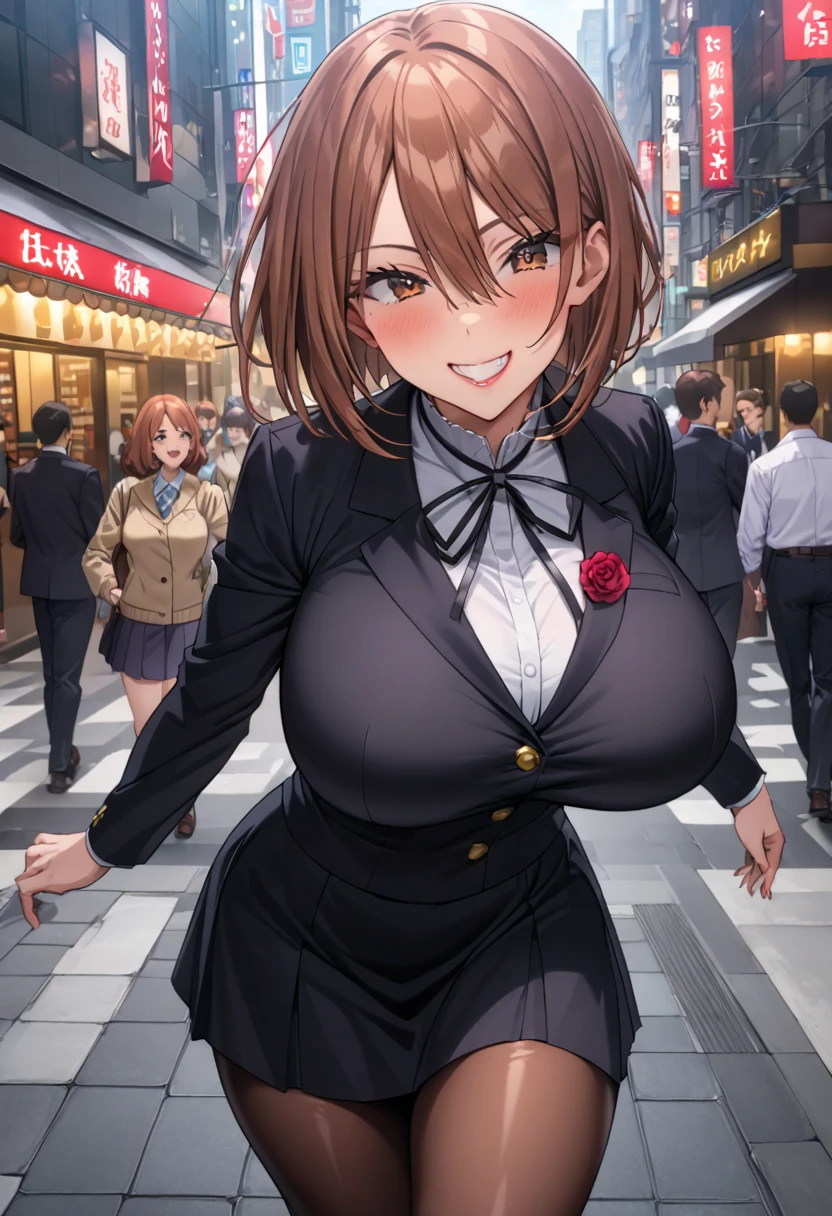     detailed face    ,     detailed body rendering   ,   Alone、  masterpiece ,     High Quality    , 8k,   is written by,    thigh thickness , shiny skin,SKINNING    ,{{{{{    game cg}}}}},, 最    High Quality    ,     High Quality   ,     very sophisticated ,grin,In the city,Big Breasts, thick thighs, shiny skin,引き締まった体、 Nagasaki Wild Rose、 Nagasaki Wild Rose、 bob cut、 brown eyes、Brown Hair、lips、 short hair、Big Breasts、,  skirt、uniform、 jacket、クロップド jacket、Diliu、ハイウエスト skirt、School uniform、 pantyhose