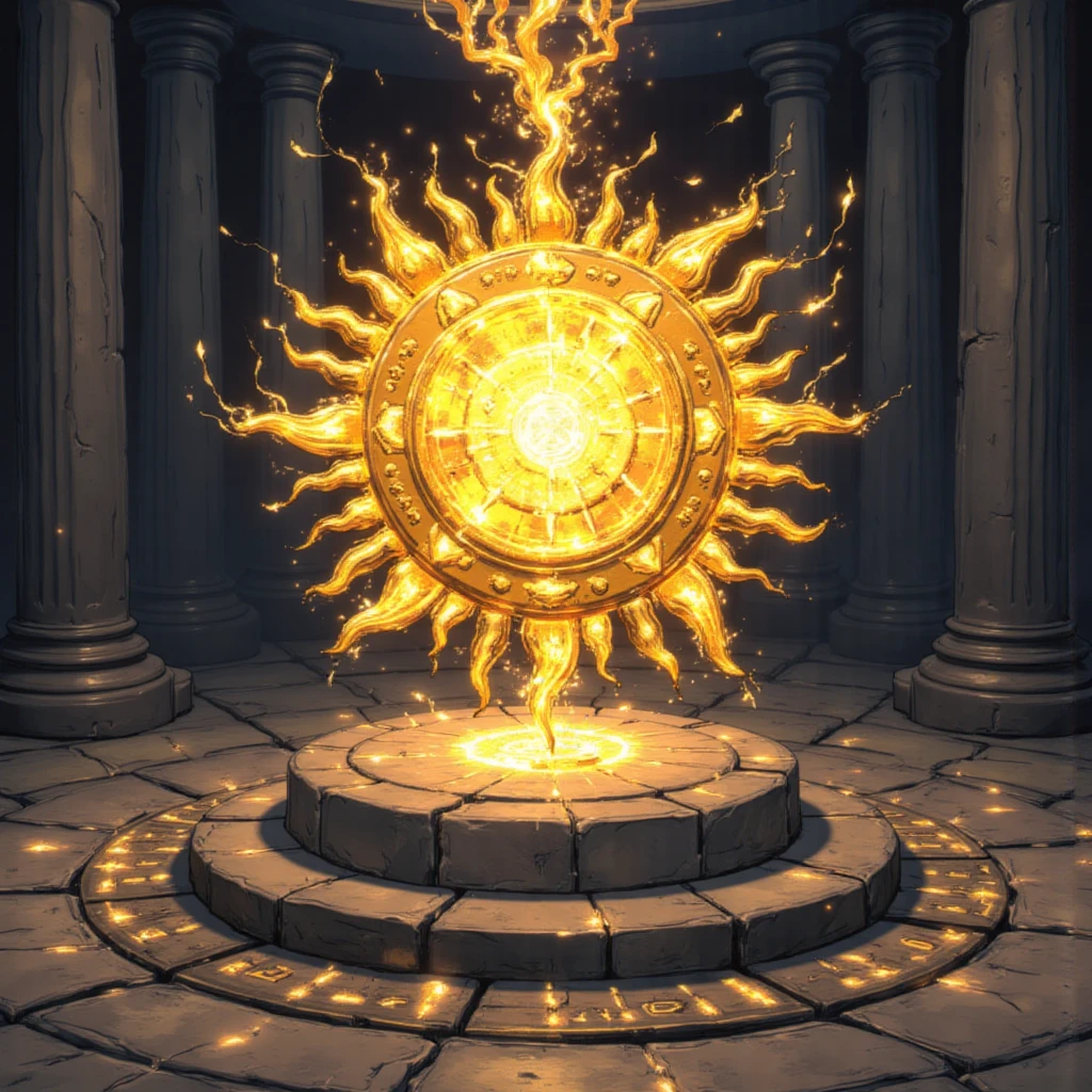 (masterpiece:1.2,Exceptional Quality,Mirror-like,Cinematic Experience, best illustrations:2.0), A beautifully crafted golden sun-shaped artifact resting on a pedestal. It glows faintly with divine light, and faint whispers of ancient voices can be heard. The pedestal is surrounded by cracked stone tiles, with faint glyphs glowing on the floor around it. The artifact pulses with a warm, radiant energy in an otherwise dim room.