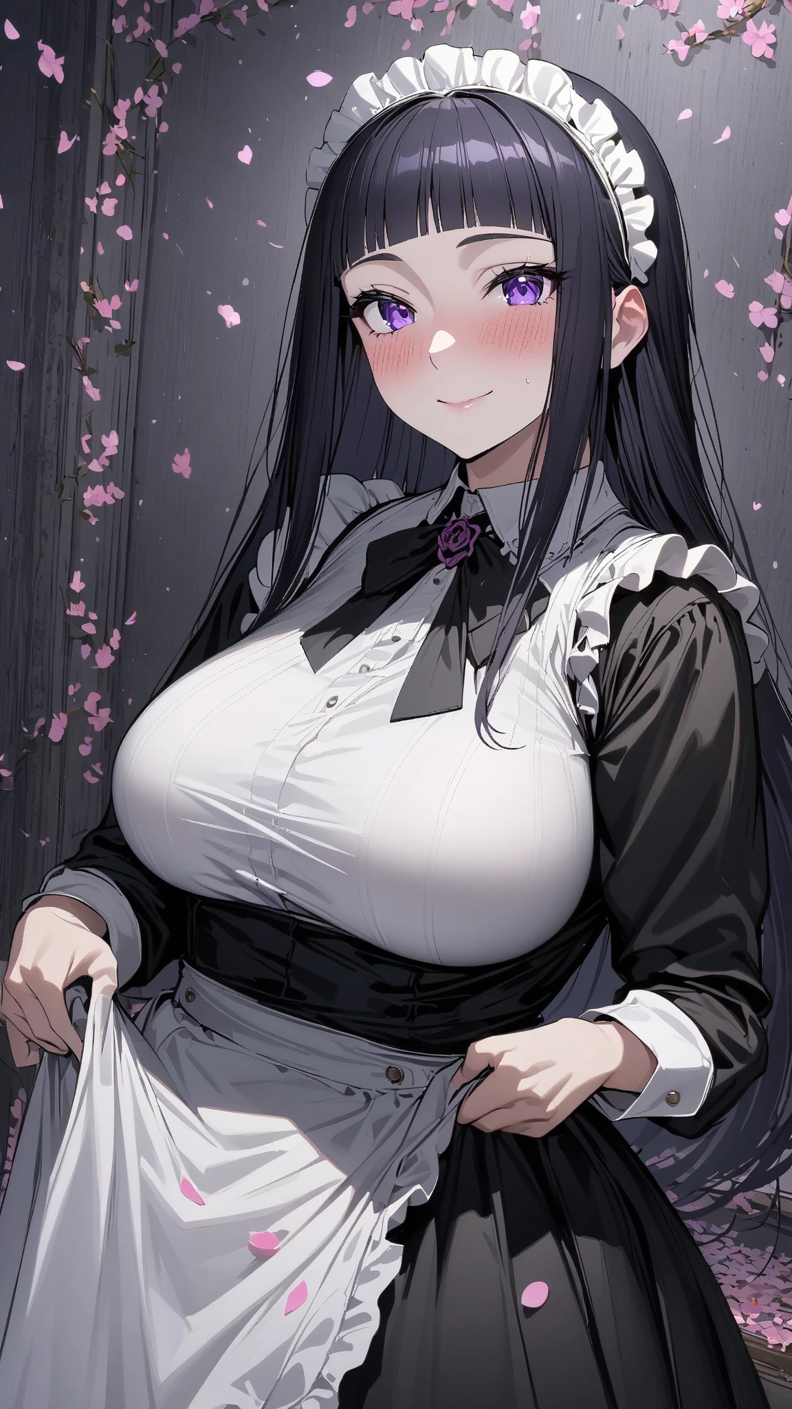 (masterpiece, highest quality, Absurd), One Woman,mature,Mature,Age 25,Black Hair, Straight long hair, Blunt bangs, Big Breasts, Tight waist, Purple eyes, petal, Blue tanned skin, indoor, Gunsmith,Assault rifle,Maid,Black Long Skirt,Maid headdress, Maid apron, Cowboy Shot, blush, A light smile, Tilt your head, bow