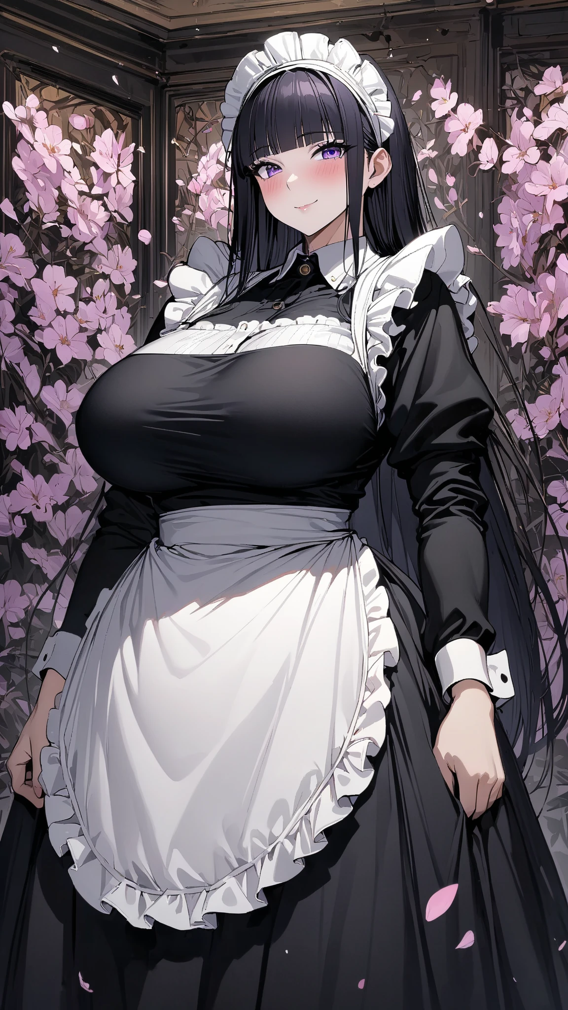 (masterpiece, highest quality, Absurd), One Woman,mature,Mature,Age 25,Black Hair, Straight long hair, Blunt bangs, Big Breasts, Tight waist, Purple eyes, petal, Blue tanned skin, indoor, Gunsmith,Assault rifle,Maid,Black Long Skirt,Maid headdress, Maid apron, Cowboy Shot, blush, A light smile, Tilt your head, bow