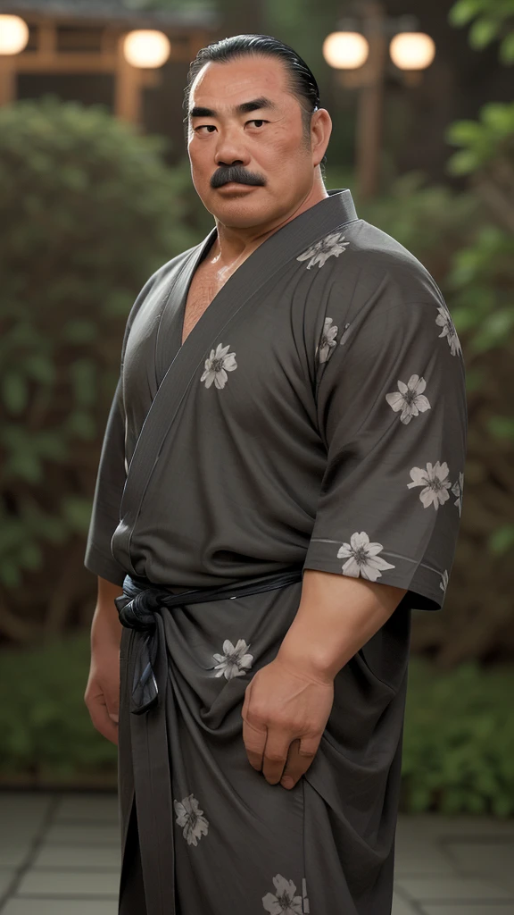 a extremely handsome and masculine, extremely huge & stocky muscular middle-age asian (japanese) man, wide forehead, square jaw, alpha male, thick eye brow, grey hair in chonmage style, thick grey moustache, exposed hairy pectoral, expensive pitch black shiny Yukata. Blurry tabebuya flowers bloom in the background, bokeh, chiaroscuro, award-winning, hyper-detailed, ultra-sharp, photorealistic, looking at the camera.