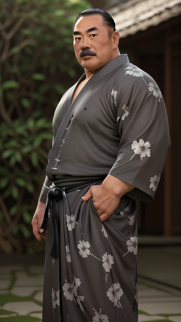 a extremely handsome and masculine, extremely huge & stocky muscular middle-age asian (japanese) man, wide forehead, square jaw, alpha male, thick eye brow, grey hair in chonmage style, thick grey moustache, exposed hairy pectoral, expensive pitch black shiny Yukata. Blurry tabebuya flowers bloom in the background, bokeh, chiaroscuro, award-winning, hyper-detailed, ultra-sharp, photorealistic, looking at the camera.