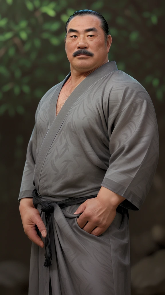 a extremely handsome and masculine, extremely huge & stocky muscular middle-age asian (japanese) man, wide forehead, square jaw, alpha male, thick eye brow, grey hair in chonmage style, thick grey moustache, exposed hairy pectoral, expensive pitch black shiny Yukata. Blurry tabebuya flowers bloom in the background, bokeh, chiaroscuro, award-winning, hyper-detailed, ultra-sharp, photorealistic, looking at the camera.