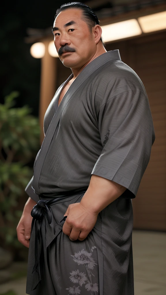 a extremely handsome and masculine, extremely huge & stocky muscular middle-age asian (japanese) man, wide forehead, square jaw, alpha male, thick eye brow, grey hair in chonmage style, thick grey moustache, exposed hairy pectoral, expensive pitch black shiny Yukata. Blurry tabebuya flowers bloom in the background, bokeh, chiaroscuro, award-winning, hyper-detailed, ultra-sharp, photorealistic, looking at the camera.