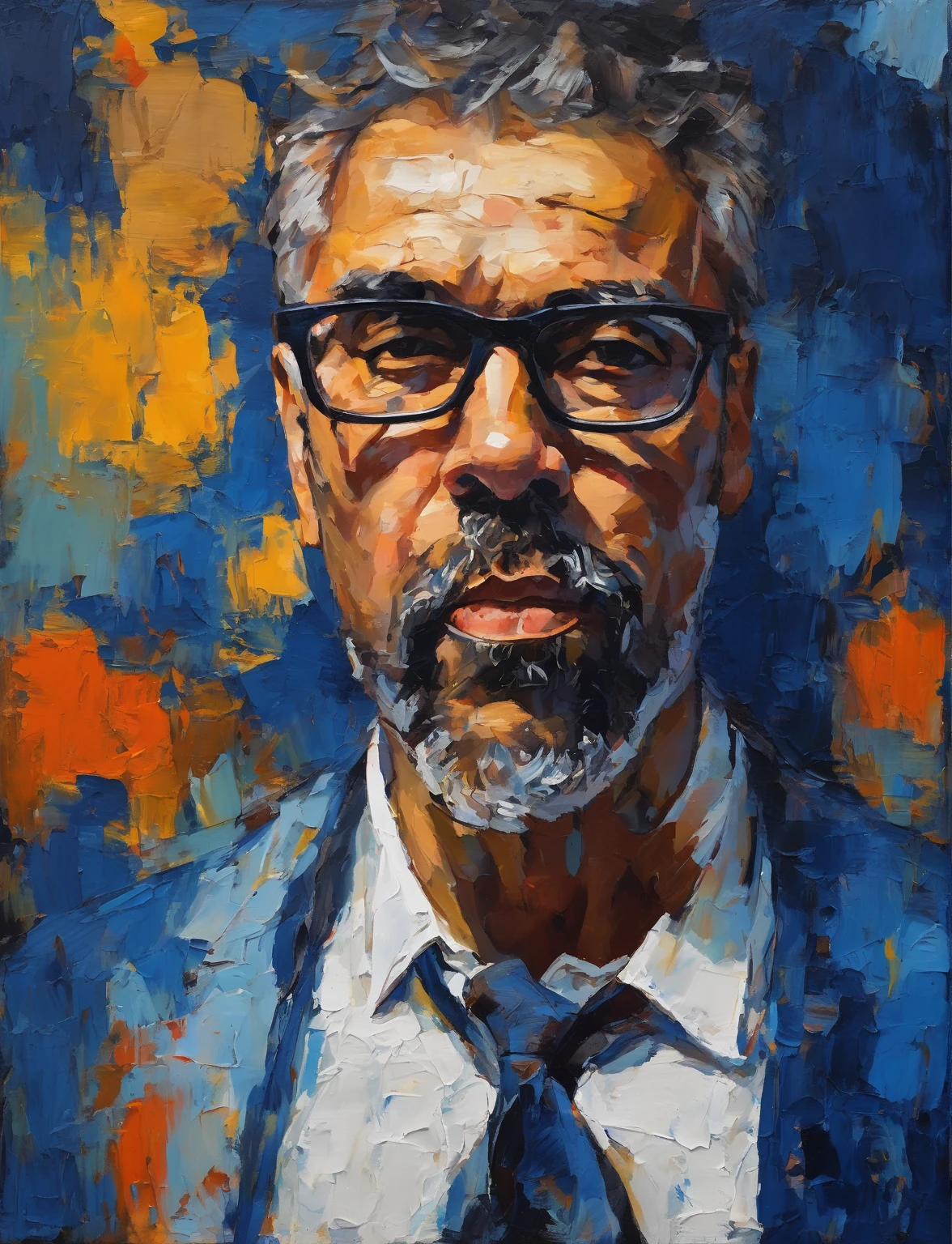 portrait of man painting by xDElysium, painterly style, expressionism, strokes rough, brushstrokes visible, rawness, viscerality, color pallete vivid, hand-painted backgrounds, oil painting, high contrast, dramatic lighting , dark blue colored background, rave man, glasses, white shirt with, long face.