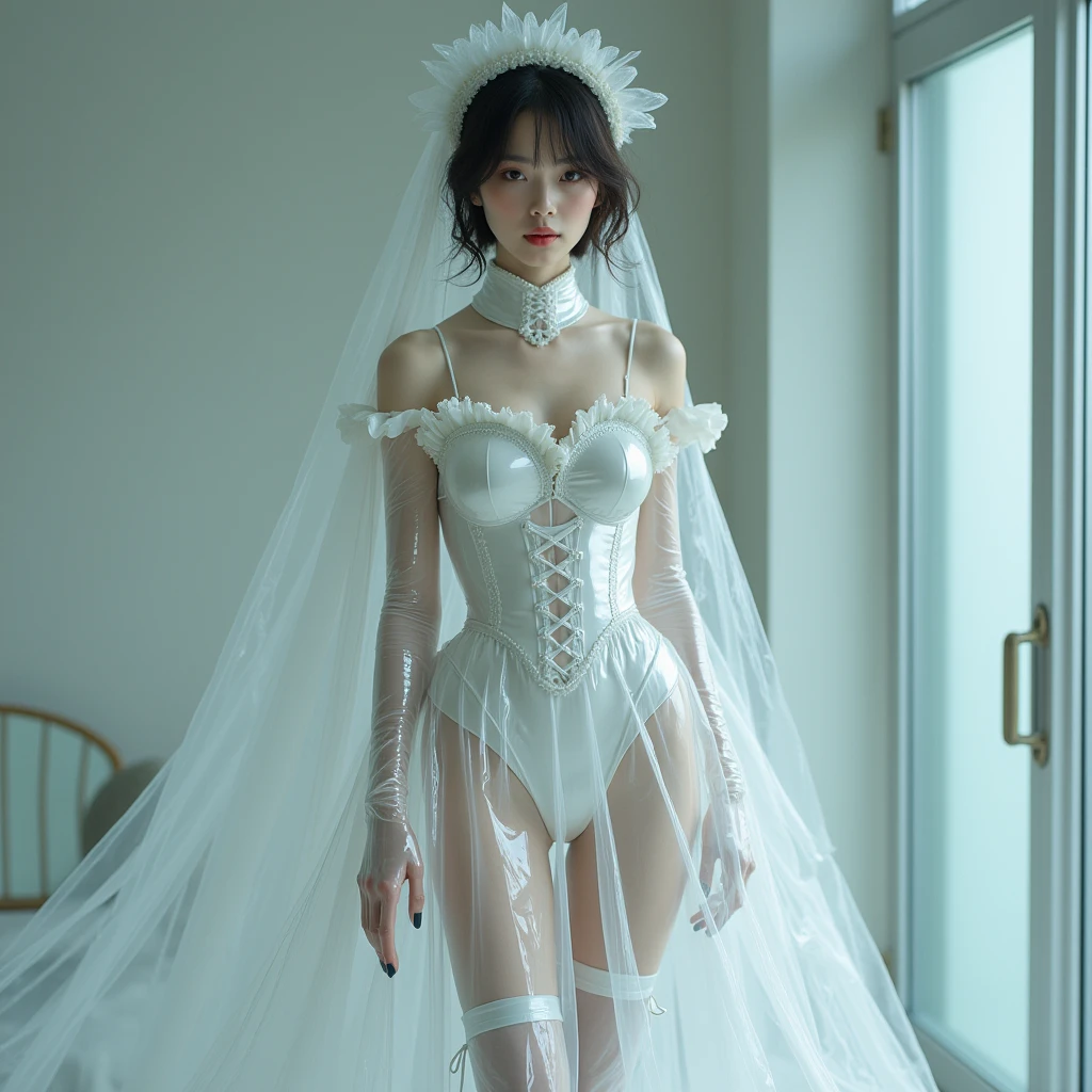 bride, White wedding dress, deep neckline, white fitted dress with a short hem and slits on the sides, white high heels, white stockings with a pattern of white flowers on an elastic band, ((best quality, 8 thousand, masterpiece:1.4)), (20 year old woman), ((very small face:1.3)), (sagging breasts:1.4), Highly detailed face and skin textures, detailed eyes, (Italian woman), (blonde wavy very long hair:1.3), ((beautiful body:1.3)), (slim waist), high heel, blonde hair, bright smile, (Extremely sagging breasts:1.4), her thin legs are pretty, knee, Excitingly,