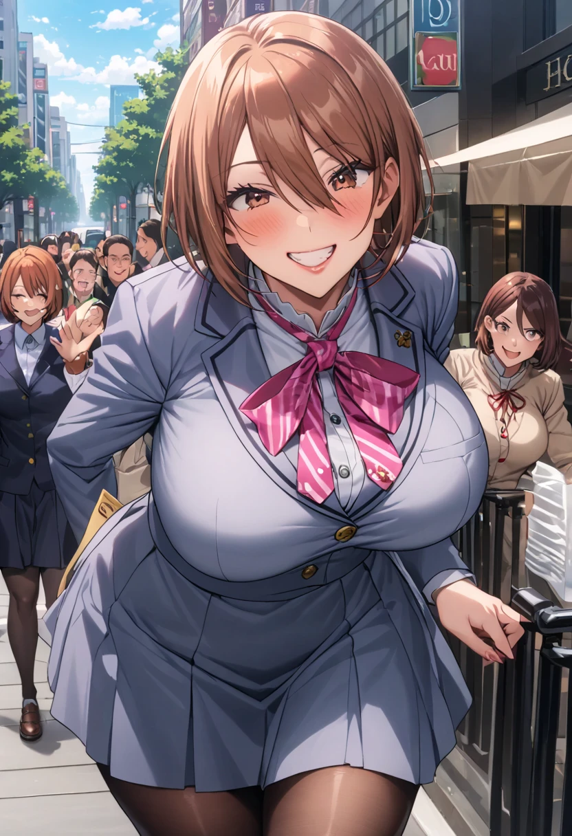     detailed face    ,     detailed body rendering   ,   Alone、  masterpiece ,     High Quality    , 8k,   is written by,    thigh thickness , shiny skin,SKINNING    ,{{{{{    game cg}}}}},, 最    High Quality    ,     High Quality   ,     very sophisticated ,grin,In the city,Big Breasts, thick thighs, shiny skin,引き締まった体、 Nagasaki Wild Rose、 Nagasaki Wild Rose、 bob cut、 brown eyes、Brown Hair、lips、 short hair、Big Breasts、,  skirt、 jacket、クロップド jacket、Diliu、ハイウエスト skirt、School uniform、 pantyhose