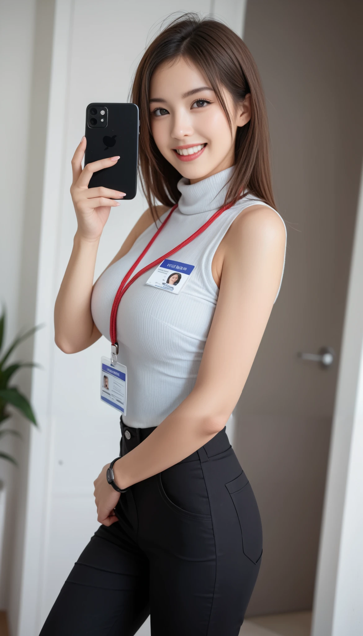 ultra detailed, detailed face, detailed eyes, beautiful doe eyes, masterpiece, best quality, photo realistic, absurdres, 8K, raw photo, 1girl, solo, beautiful young woman, 20yo, realistic skin texture, shiny skin, office, black thighhighs, slim chino pants,  turtleneck, id card, lanyard, sleeveless, perfect body, natural big breasts, upturned breasts, grin, walking in the office, ((Walking while taking selfies from below the neck)), ((from side))