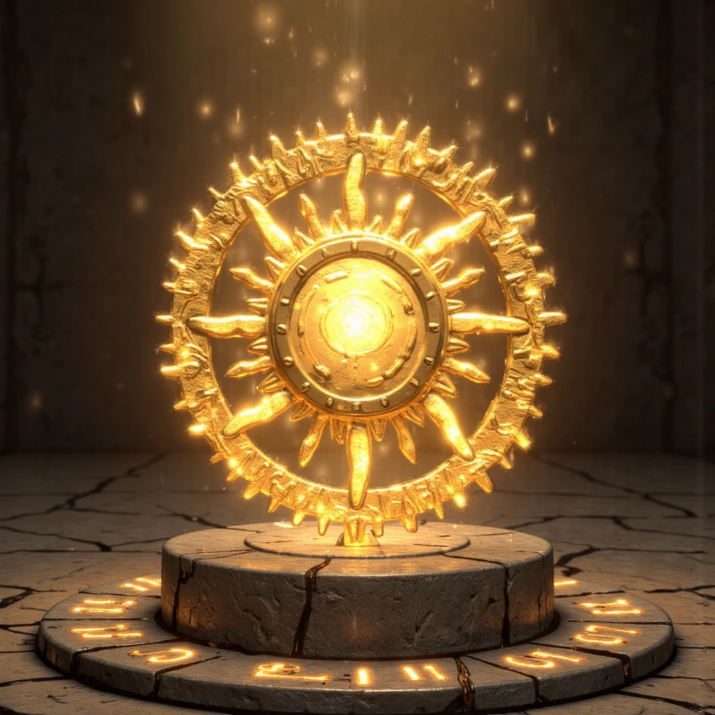 (masterpiece,Exceptional Quality,Mirror-like,Cinematic Experience), A beautifully crafted golden sun-shaped artifact resting on a pedestal. It glows faintly with divine light, and faint whispers of ancient voices can be heard. The pedestal is surrounded by cracked stone tiles, with faint glyphs glowing on the floor around it. The artifact pulses with a warm, radiant energy in an otherwise dim room.