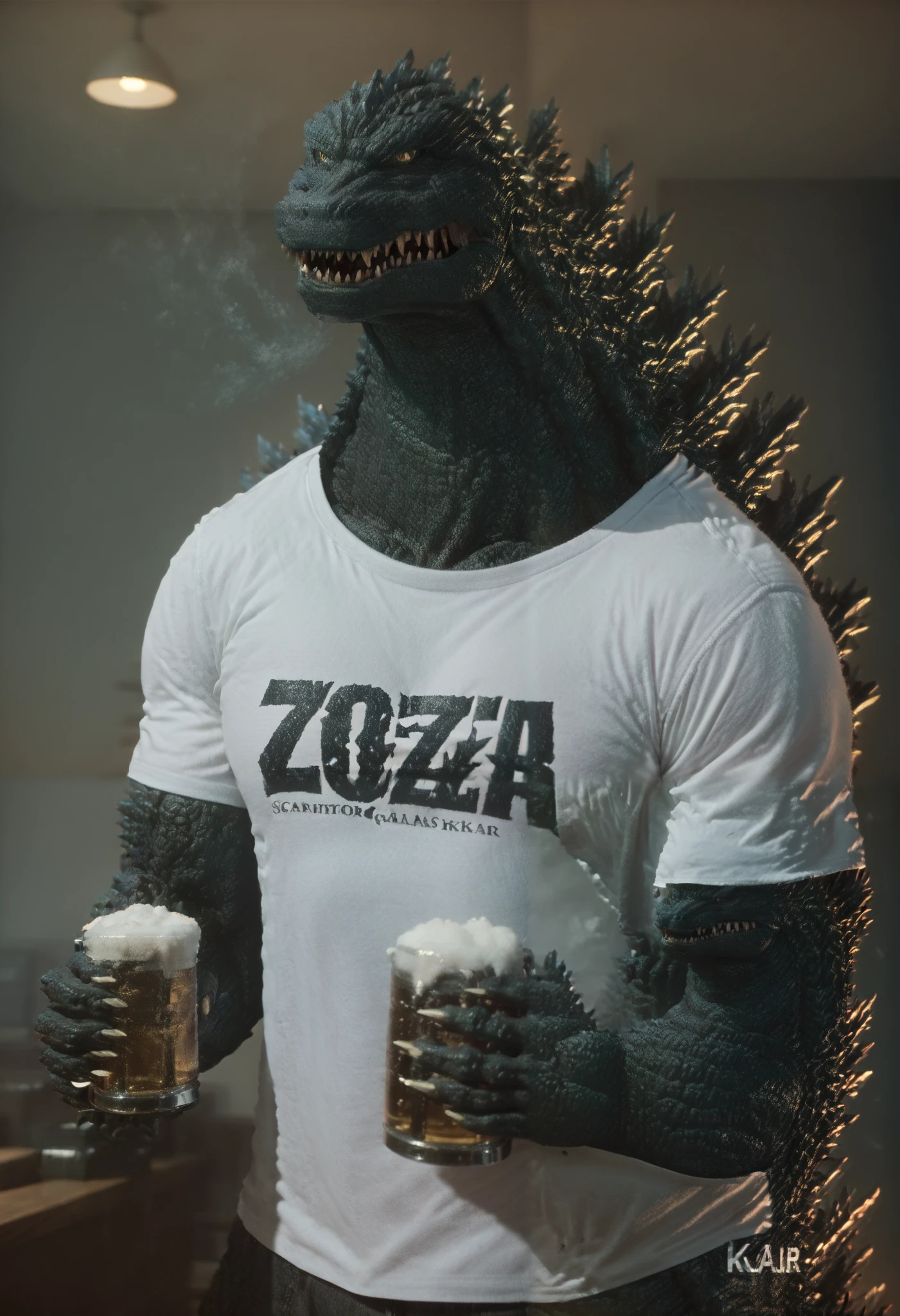 Godzilla, Smiling, cheering with a beer in the hand, wearing a white tshirt, HD image, 4K, high resolution, Master piece, perfect portrait, japanese Godzilla, kaiju monster, Godzilla, in a cool bar, no logo, white tshirt no logo