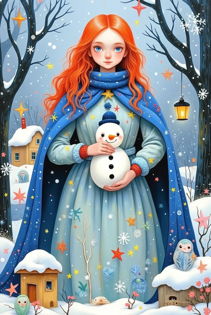  Christmas。a painting of a woman in a blue cloak holding a snowman, a storybook illustration by Marie Angel, tumblr, Pop surrealism, goddess of winter, white witch, queen of winter, allegory of winter, winter princess, the ice queen, illustration!, 3 winter deities, winterthorn blessing, illutstration, illustrative art, illustration art, full color illustration