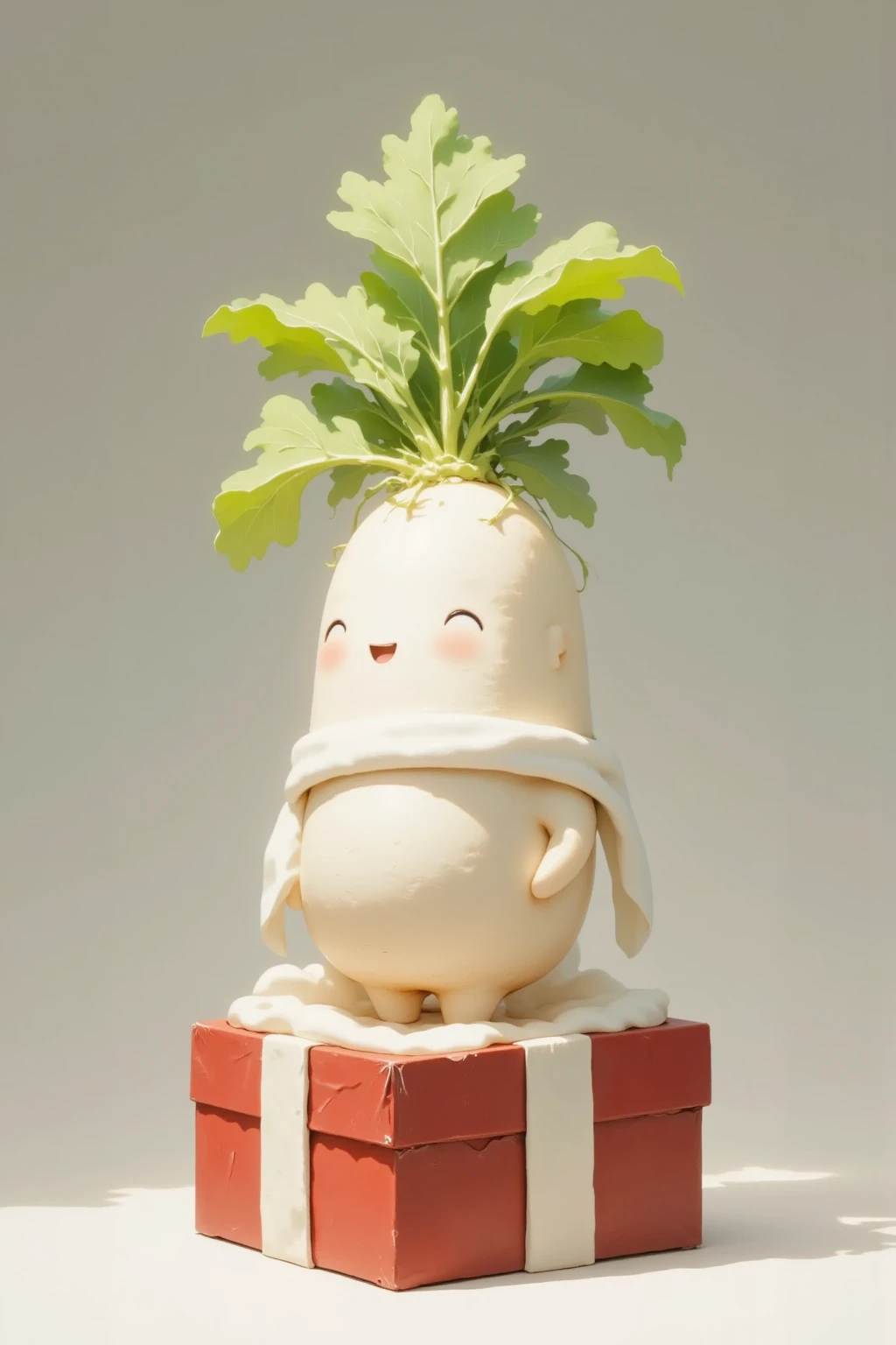 (masterpiece, top quality,  detailed description ,  amazing high resolution , Photographic images ),サンタ衣装をきたcute大根, Santa costume ,Mochimochi daikon  ,  I have a gift box  ,cute,I'm taking a bath in a pot 