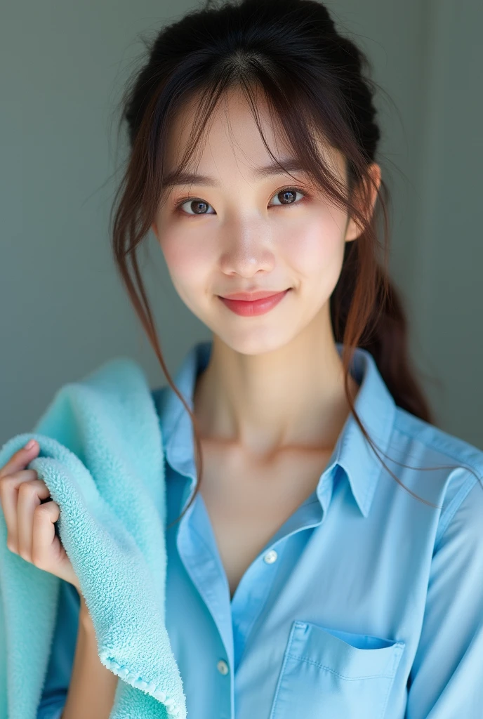 ((highest quality, 8k, masterpiece: 1.3)), sharp: 1.2, perfect body beauty: 1.4, slim abs: 1.2, ((big breasts: 1.2)), (濡れた White Button Long Shirt: 1.1), (nude: 1.2), close up face: 1.5, Highly detailed face and skin texture, fine eyes, double eyelid, Viewed from the side looking at the camera