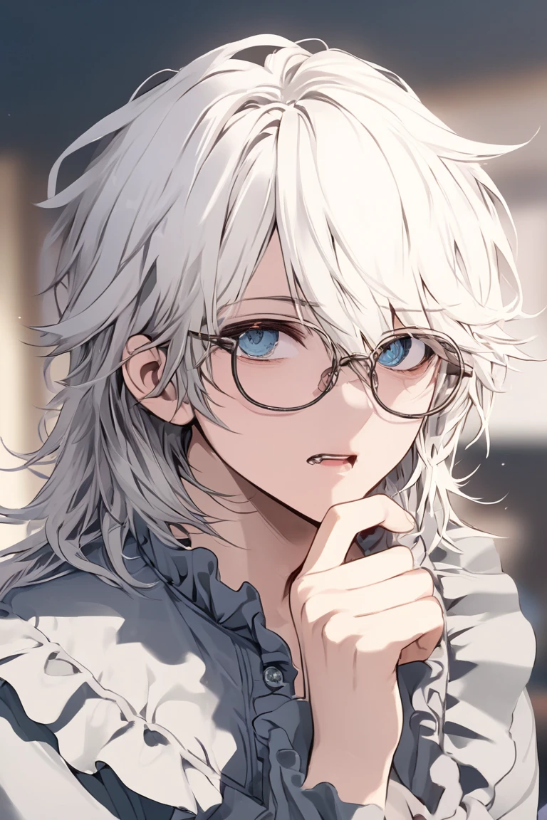 Alone,  High definition ,  VERY DETAILED,  초High definition,  bangs ,   white hair,   hair on eyes ,  Wolfcut,  fuzzy expression  ,  Keep your mouth shut,   blurry background ,   soft color , Adult male,  good-looking, ruffle pirate shirt, High-end glasses 